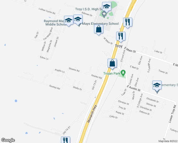 map of restaurants, bars, coffee shops, grocery stores, and more near 520 Lisa Circle in Troy