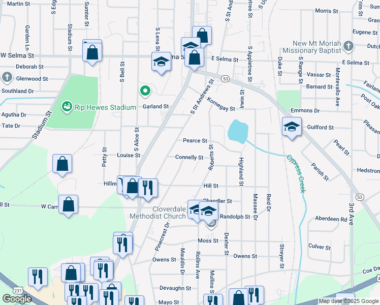 map of restaurants, bars, coffee shops, grocery stores, and more near 203 Connelly Street in Dothan