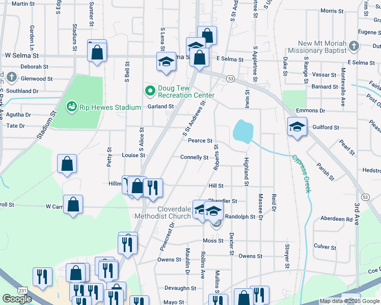 map of restaurants, bars, coffee shops, grocery stores, and more near 201 Connelly Street in Dothan
