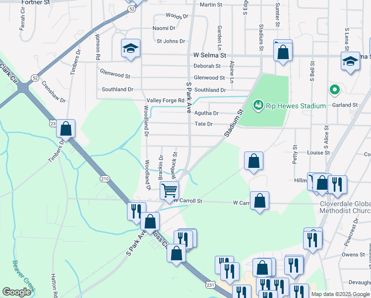 map of restaurants, bars, coffee shops, grocery stores, and more near 2208 South Park Avenue in Dothan