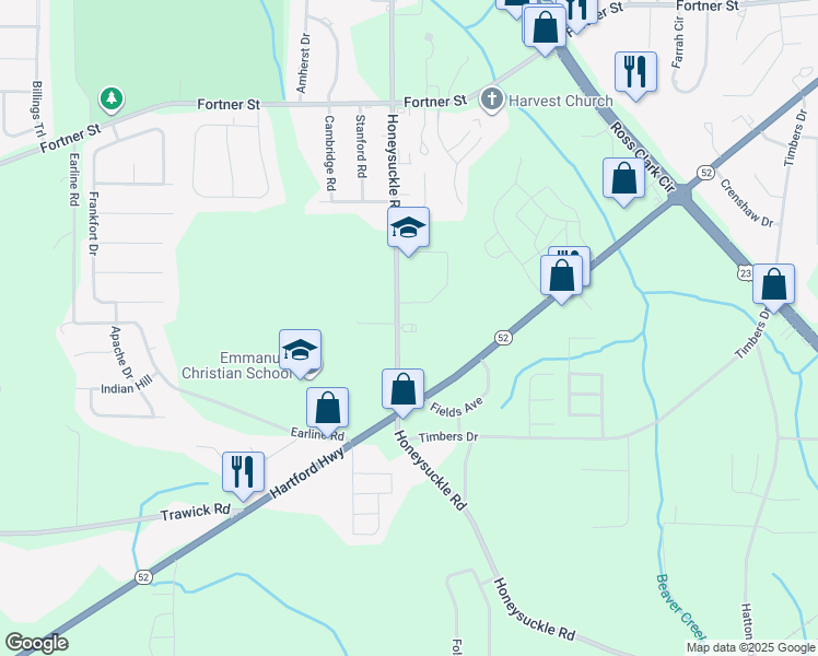 map of restaurants, bars, coffee shops, grocery stores, and more near 1801 Honeysuckle Road in Dothan