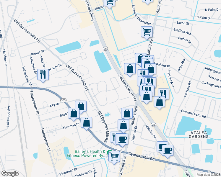 map of restaurants, bars, coffee shops, grocery stores, and more near 103 Cypress Run Drive in Brunswick