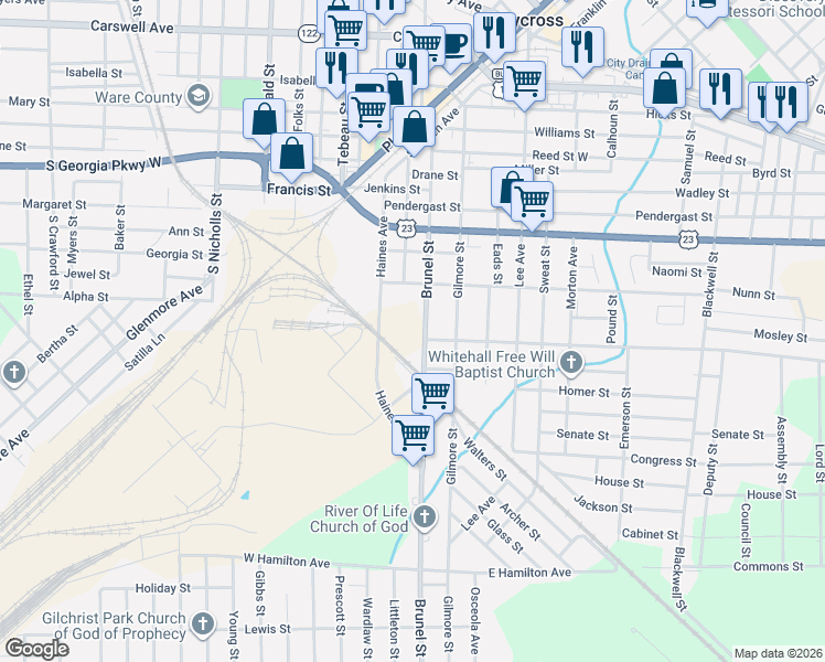 map of restaurants, bars, coffee shops, grocery stores, and more near Haines Avenue in Waycross