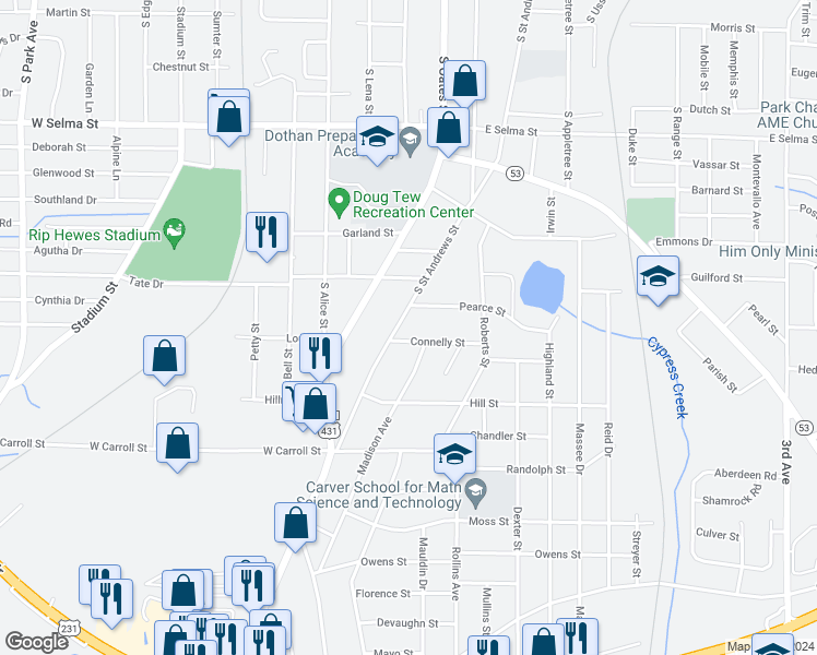map of restaurants, bars, coffee shops, grocery stores, and more near 1675 South Saint Andrews Street in Dothan
