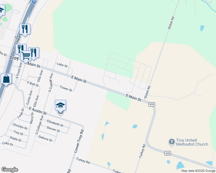 map of restaurants, bars, coffee shops, grocery stores, and more near 1410 East Main Street in Troy