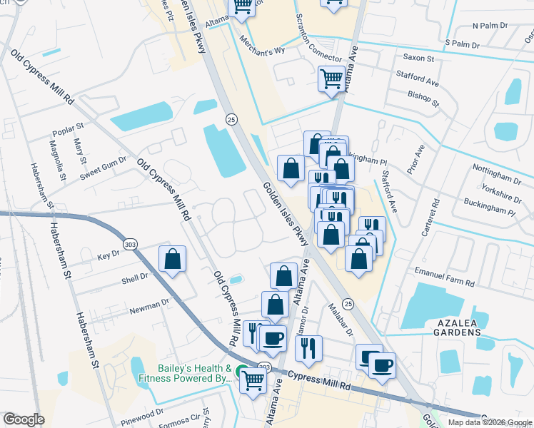 map of restaurants, bars, coffee shops, grocery stores, and more near 118 Cypress Run Dr in Brunswick