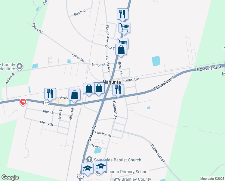 map of restaurants, bars, coffee shops, grocery stores, and more near 117 Brantley Street in Nahunta