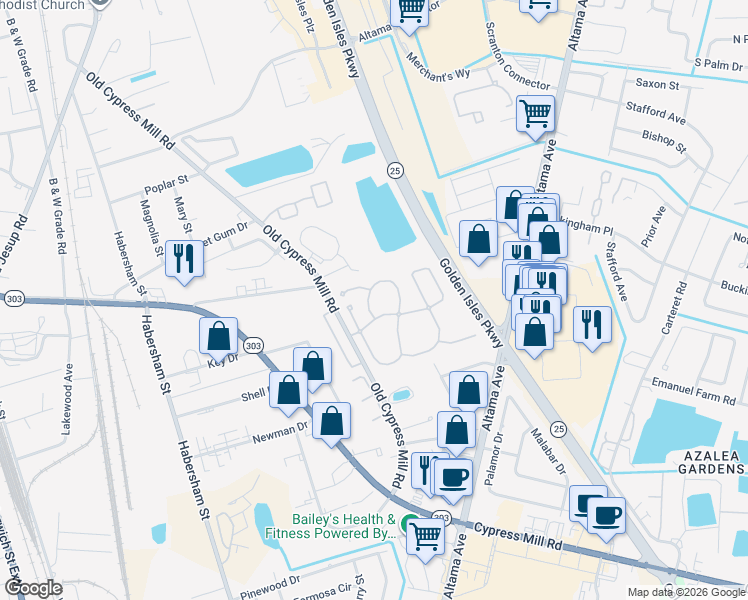 map of restaurants, bars, coffee shops, grocery stores, and more near 102 Dalton Cody Drive in Brunswick