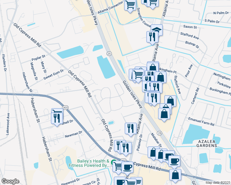 map of restaurants, bars, coffee shops, grocery stores, and more near 103 Cypress Run Drive in Brunswick