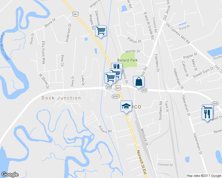 map of restaurants, bars, coffee shops, grocery stores, and more near 5018 Blythe Island Hwy in Brunswick
