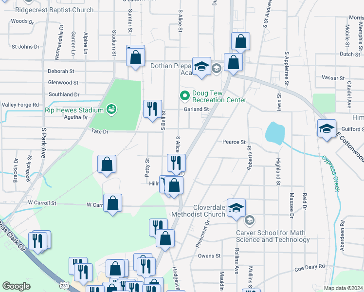 map of restaurants, bars, coffee shops, grocery stores, and more near 1863 South Alice Street in Dothan
