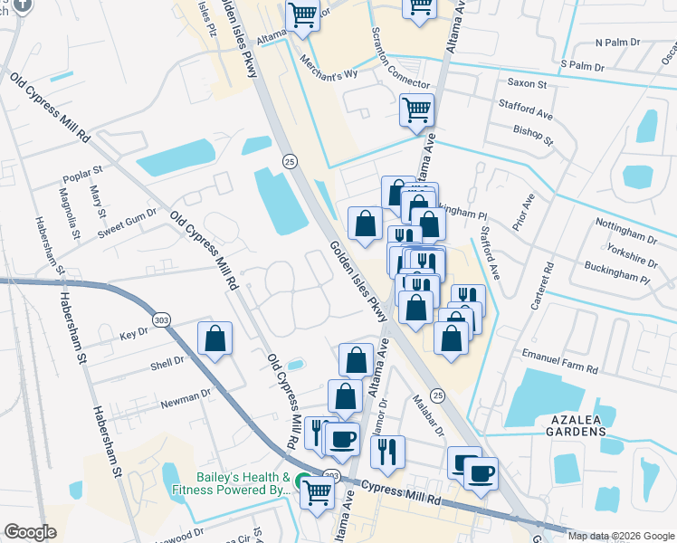 map of restaurants, bars, coffee shops, grocery stores, and more near 118 Cypress Run Drive in Brunswick