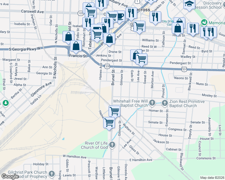 map of restaurants, bars, coffee shops, grocery stores, and more near 301 Marion Street in Waycross