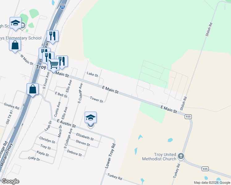 map of restaurants, bars, coffee shops, grocery stores, and more near 809 East Main Street in Troy