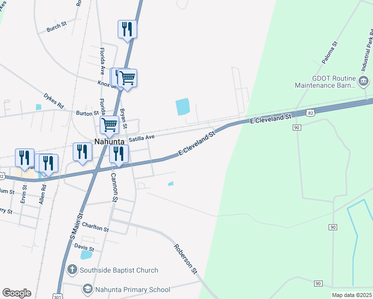 map of restaurants, bars, coffee shops, grocery stores, and more near 14133 East Cleveland Street in Nahunta