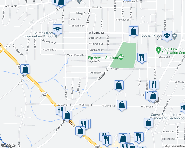 map of restaurants, bars, coffee shops, grocery stores, and more near 1011 Cynthia Drive in Dothan