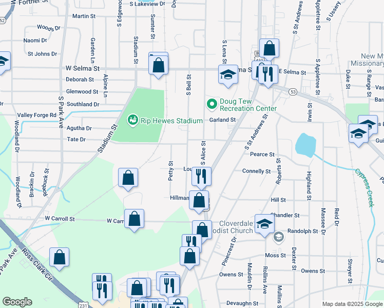 map of restaurants, bars, coffee shops, grocery stores, and more near 1824 South Alice Street in Dothan