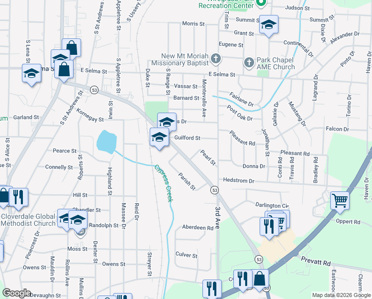 map of restaurants, bars, coffee shops, grocery stores, and more near 102 Guilford Street in Dothan