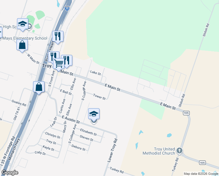 map of restaurants, bars, coffee shops, grocery stores, and more near 809 East Main Street in Troy