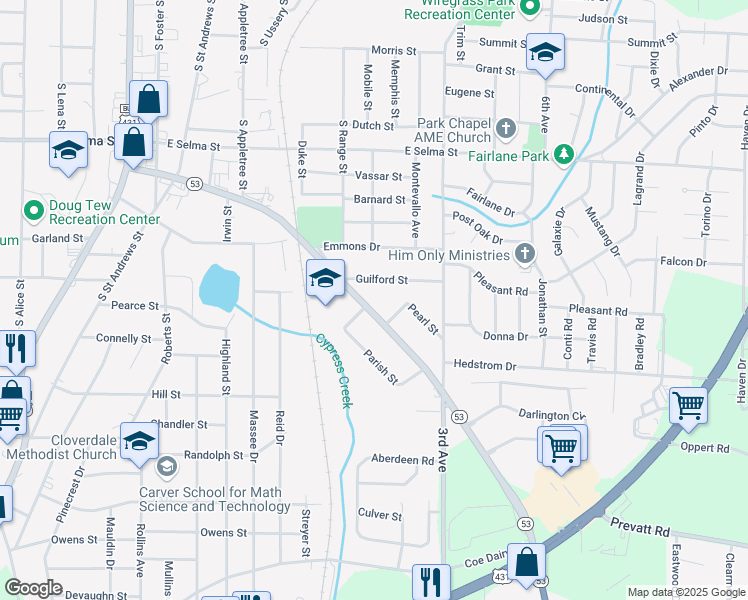 map of restaurants, bars, coffee shops, grocery stores, and more near 102 Guilford Street in Dothan
