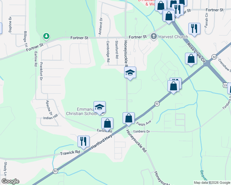 map of restaurants, bars, coffee shops, grocery stores, and more near 1558 Honeysuckle Road in Dothan