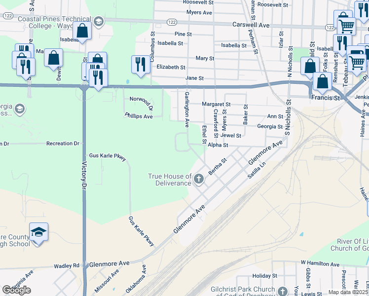 map of restaurants, bars, coffee shops, grocery stores, and more near 102 Garlington Circle in Waycross