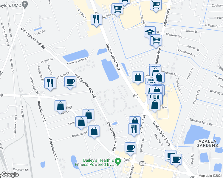 map of restaurants, bars, coffee shops, grocery stores, and more near 135 Dalton Cody Drive in Brunswick