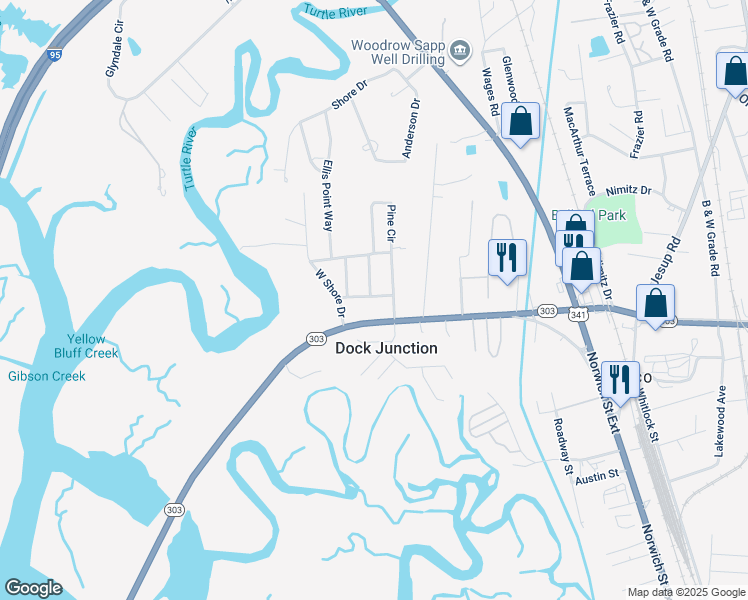 map of restaurants, bars, coffee shops, grocery stores, and more near 143 Shady Lane in Brunswick