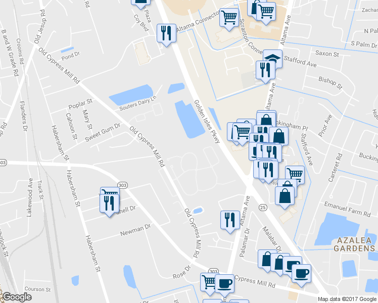 map of restaurants, bars, coffee shops, grocery stores, and more near 131 Dalton Cody Drive in Brunswick