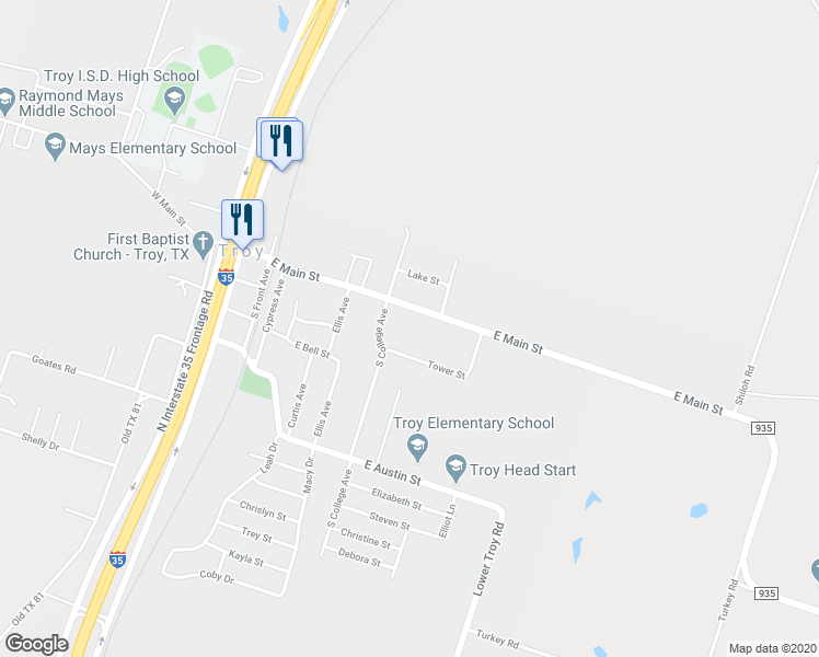 map of restaurants, bars, coffee shops, grocery stores, and more near 605 East Main Street in Troy