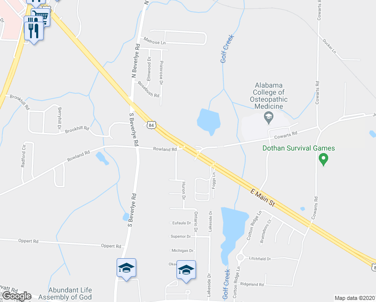 map of restaurants, bars, coffee shops, grocery stores, and more near 3124 East Main Street in Dothan