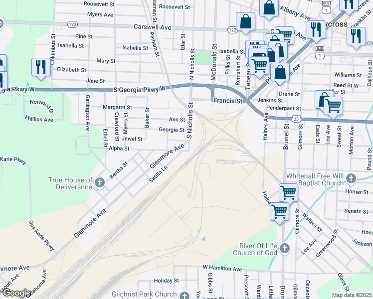 map of restaurants, bars, coffee shops, grocery stores, and more near 501 Glenmore Avenue in Waycross
