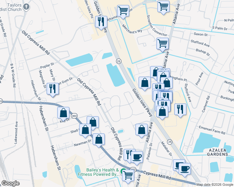 map of restaurants, bars, coffee shops, grocery stores, and more near 131 Dalton Cody Drive in Brunswick
