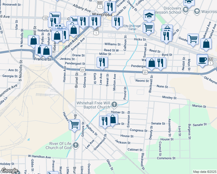 map of restaurants, bars, coffee shops, grocery stores, and more near 618 Howe Street in Waycross