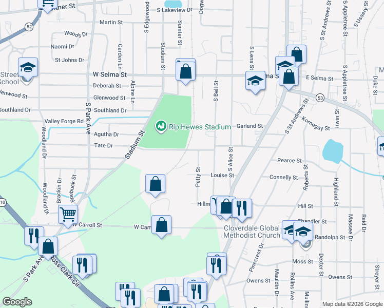 map of restaurants, bars, coffee shops, grocery stores, and more near 905 Tate Drive in Dothan