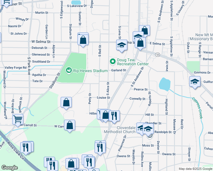 map of restaurants, bars, coffee shops, grocery stores, and more near 1824 South Alice Street in Dothan