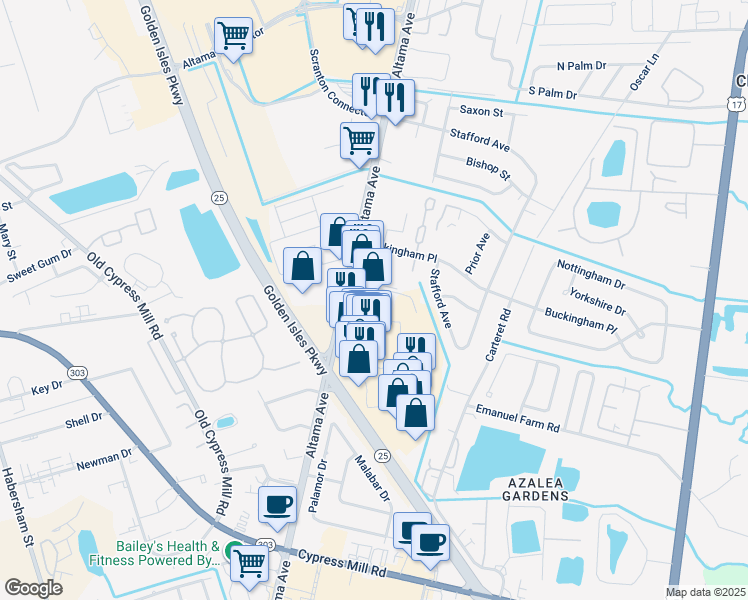 map of restaurants, bars, coffee shops, grocery stores, and more near 480 Glynn Isle in Brunswick