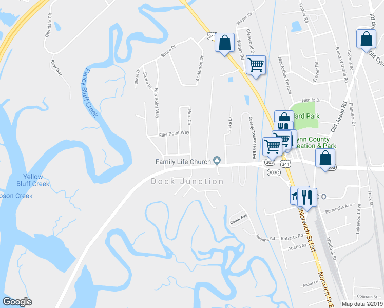 map of restaurants, bars, coffee shops, grocery stores, and more near 138 Ellis Point Way in Brunswick