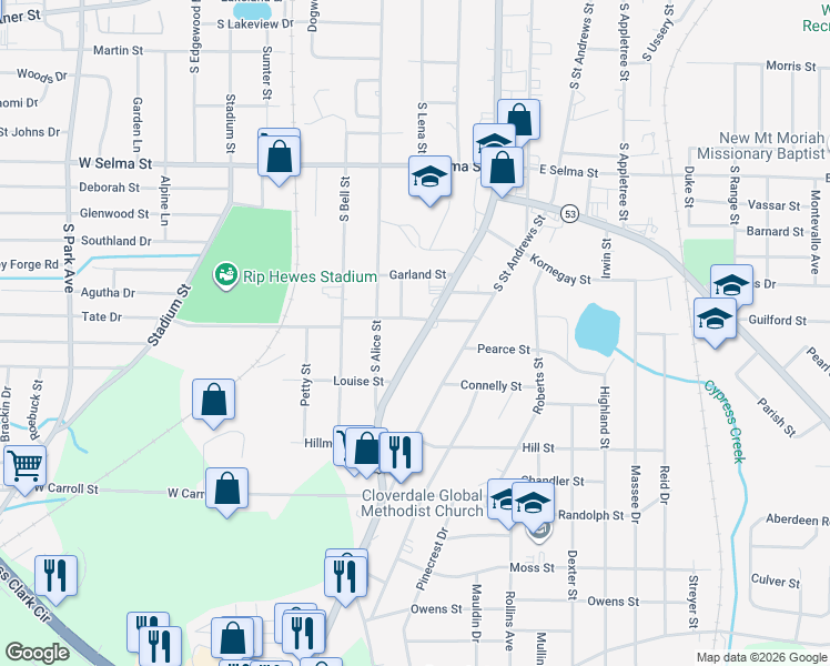 map of restaurants, bars, coffee shops, grocery stores, and more near 1524 South Oates Street in Dothan