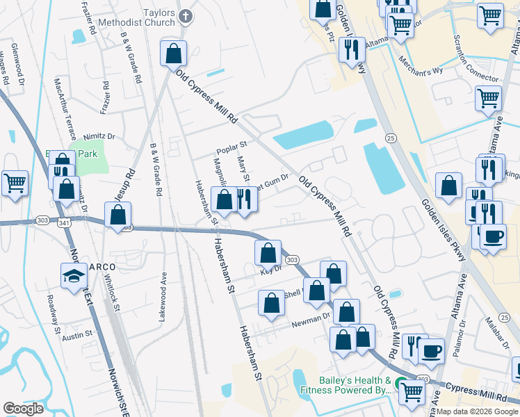 map of restaurants, bars, coffee shops, grocery stores, and more near 109 Cane Court in Brunswick