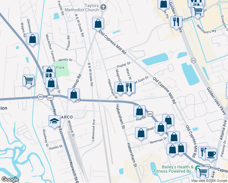 map of restaurants, bars, coffee shops, grocery stores, and more near 256 Sweet Gum Drive in Brunswick