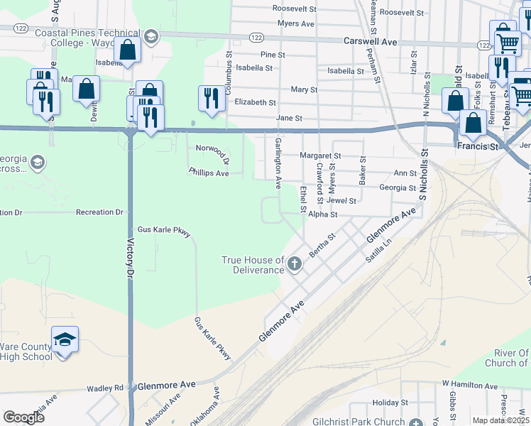 map of restaurants, bars, coffee shops, grocery stores, and more near 110 Garlington Circle in Waycross