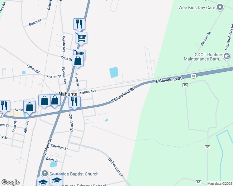 map of restaurants, bars, coffee shops, grocery stores, and more near 14133 East Cleveland Street in Nahunta