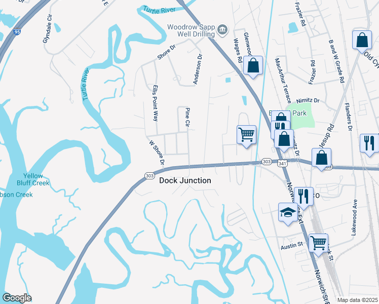 map of restaurants, bars, coffee shops, grocery stores, and more near 138 Ellis Point Way in Brunswick