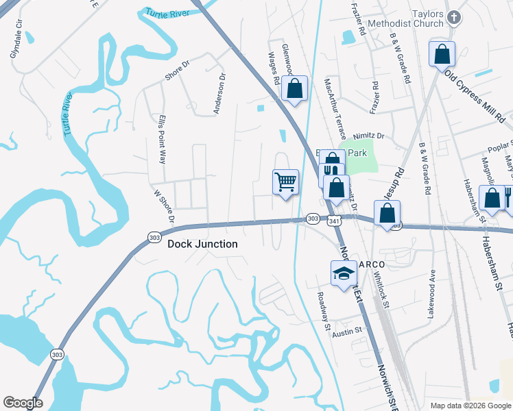 map of restaurants, bars, coffee shops, grocery stores, and more near 1152 Lake Dr in Brunswick