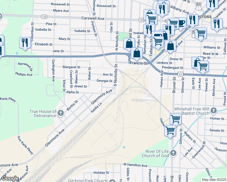 map of restaurants, bars, coffee shops, grocery stores, and more near 501 Glenmore Avenue in Waycross