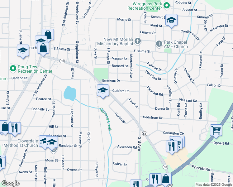 map of restaurants, bars, coffee shops, grocery stores, and more near 102 Guilford Street in Dothan