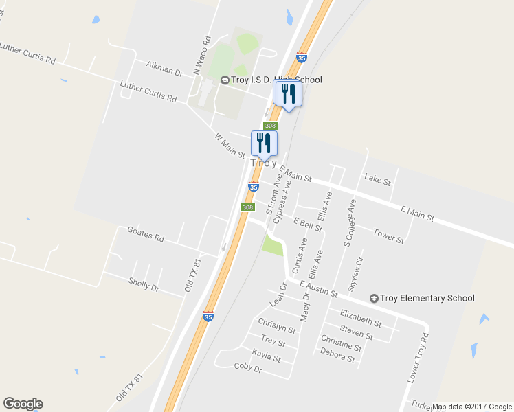 map of restaurants, bars, coffee shops, grocery stores, and more near 201 South Central Avenue in Troy