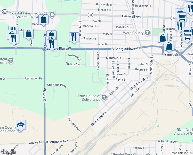 map of restaurants, bars, coffee shops, grocery stores, and more near 110 Garlington Circle in Waycross