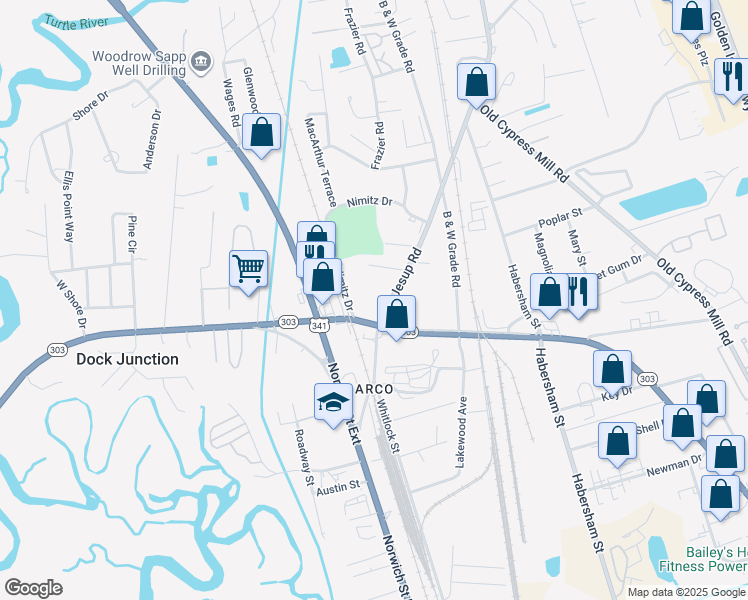 map of restaurants, bars, coffee shops, grocery stores, and more near 323 Old Jesup Highway in Brunswick